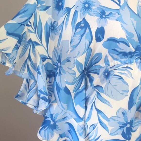 Kori  M/L Swim Cover Up White Blue Florals front Tie Kaftan - Picture 4 of 7